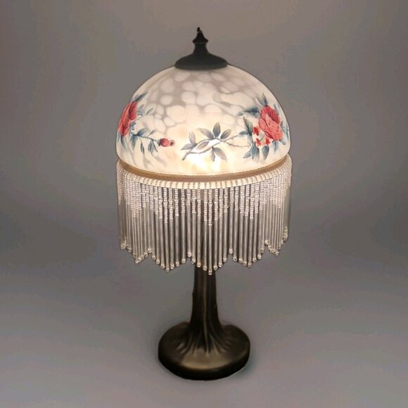 Unbranded Other - Vintage Shabby Chic Cottage  18" Boudoir Lamp Rose Floral  Beaded Frosted Shade